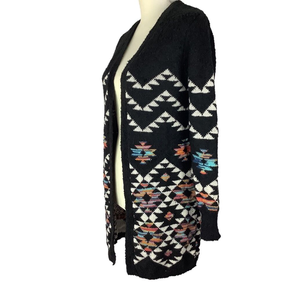 Long Aztec Western Open Front Cardigan Sweater Girls Jr M Women XS S Black Knit - Picture 3 of 15